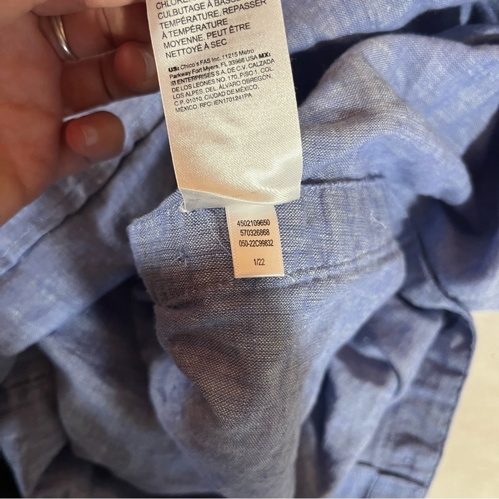 Chico's Blue Linen Blend Shirt Dress with Side Vent Buttons Roll Tab Sleeve - Picture 9 of 12